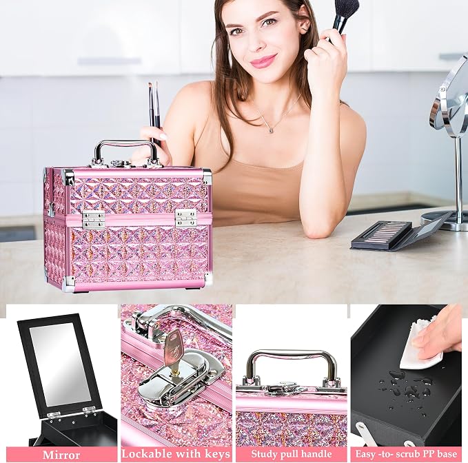 Makeup Case Organizer,Makeup Train Case, Trays Cosmetic Box Portable, Profesional for Salon Barber,Pink - Image 5