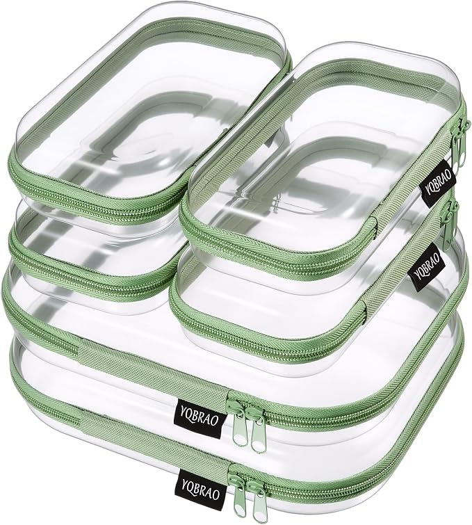 6 Pack Green Clear Hard Shell Beauty Organizer (2M+4S), 1.2mm Heavy Duty Crush-Proof Cosmetic Case, Reinforced YKK Zippers, Stadium Approved Security Bag for Skincare & Electronics, Multi-Size Set by Unknown