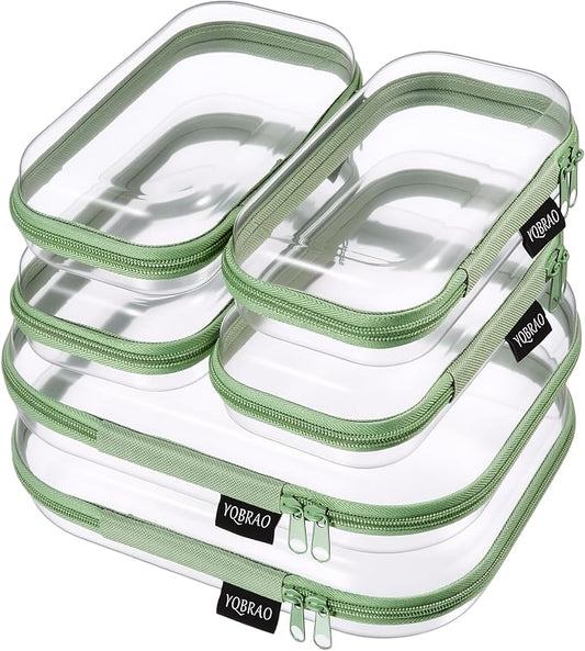 6 Pack Green Clear Hard Shell Beauty Organizer (2M+4S), 1.2mm Heavy Duty Crush-Proof Cosmetic Case, Reinforced YKK Zippers, Stadium Approved Security Bag for Skincare & Electronics, Multi-Size Set by Unknown