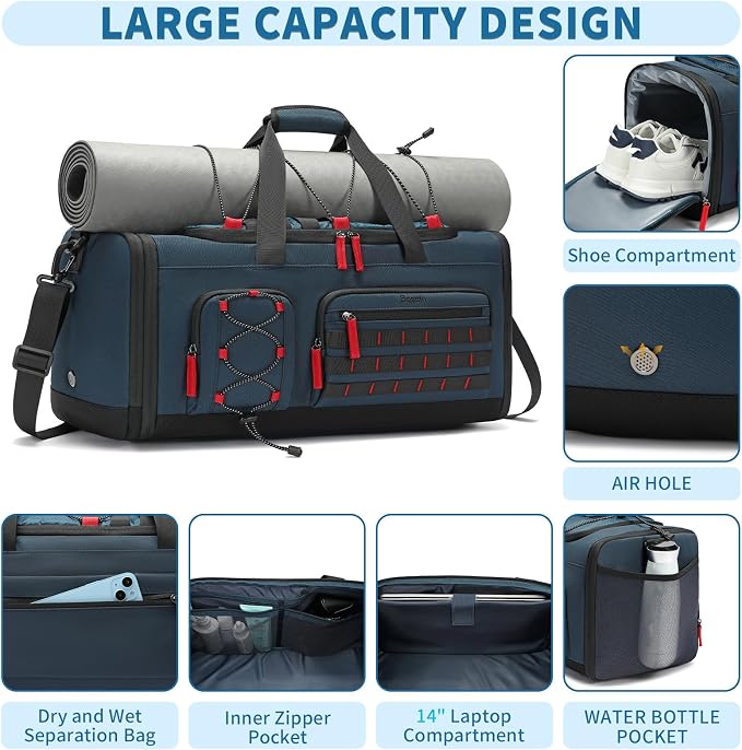 Bosstin Gym Bag for Men & Women,45L Travel Duffle Sports Duffel Bag Gym Weekender Overnight Backpack with Shoe Compartment (Blue) - Image 3