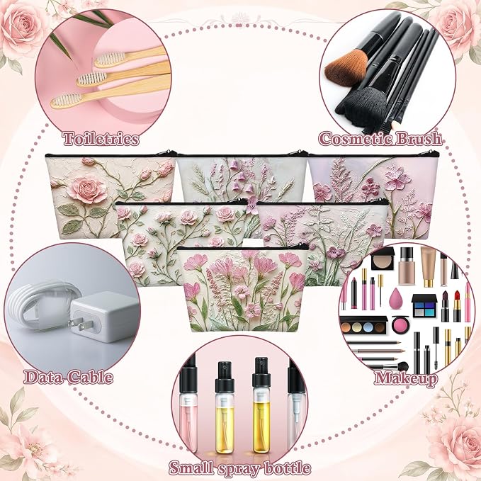Sweetude 12 Pcs Pink Relief Flower Makeup Bags Bulk Pink Portable Travel Cosmetic Bags with Zipper Oil Painting Floral Waterproof Roomy Travel Toiletry Organizer Storage Beauty Pouch for Women Gifts - Image 4