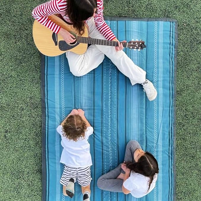 Little Unicorn 5'x5' Outdoor Family Picnic & Beach Blanket | Durable & Water-Resistant Fabric | Compact Fold & Easily Wipes Clean | Zipper Pocket (Shoreline Stripe) - Image 3