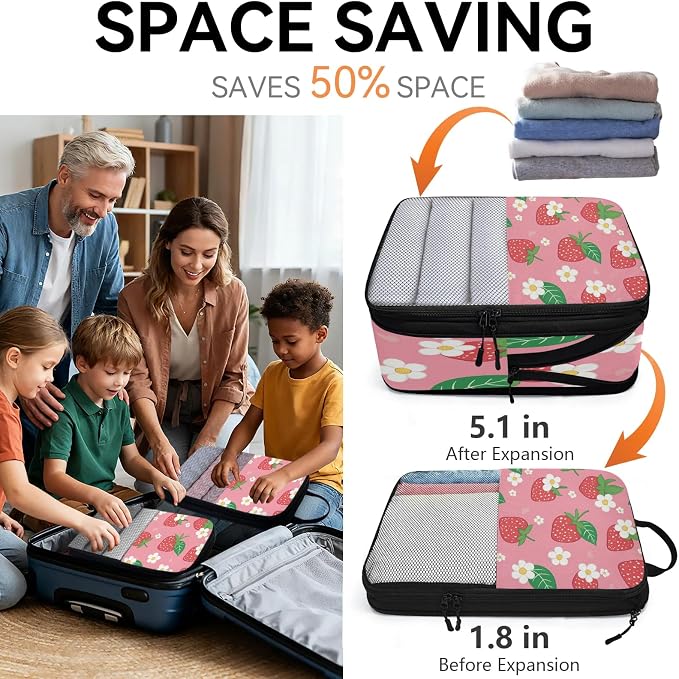 Strawberry Flower 6 Set Compression Packing Cubes for Travel Luggage Carry On Suitcase Compressible Expandable Packing Cubes Organizers Bag - Image 6