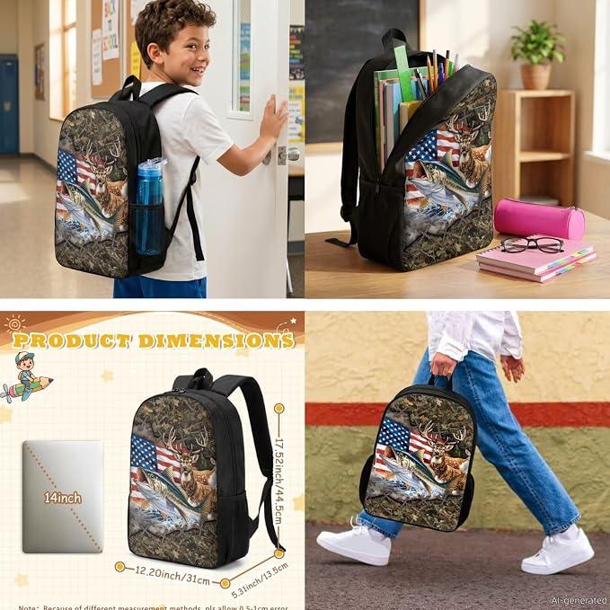 GIFTPUZZ 4 Piece Camouflage Deer Fish American Flag Backpack Set for Kids | Patriotic Bookbag with Lunch Box for Boys Elementary School, Zip up Pencil Case Pouch, Water Bottle Sleeve, Ages 6-8 - Image 2