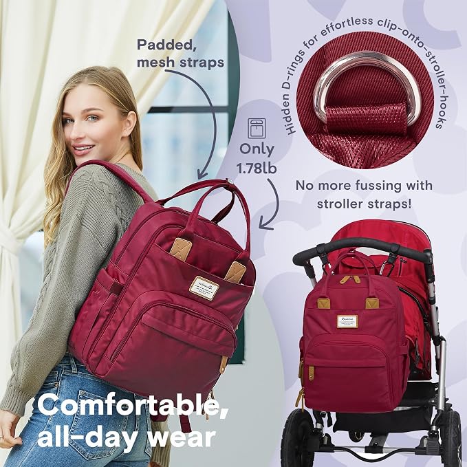 RUVALINO Diaper Bag Backpack, Multifunction Travel Pack Maternity Baby Changing Bags, Large Capacity, Waterproof, Purplish Red - Image 5