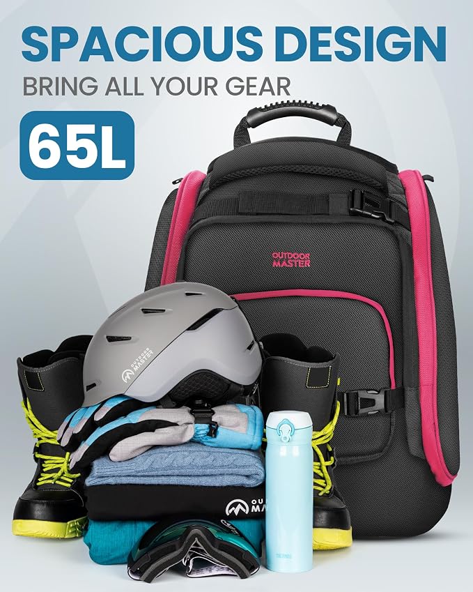 OutdoorMaster Boot Bag, 65L Waterproof Ski Snowboard Boots Air Cushion Shoulder Pad Skiing Gear Bag Travel Backpack for Ski Helmets, Goggles & Accessories Men & Women-Rose Red Gray - Image 2