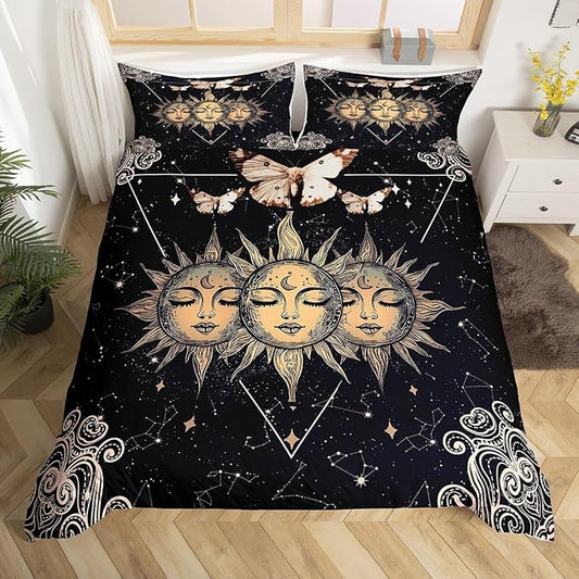Sun and Moon Bedding Set Twin for Women Boys Mandala Print Comforter Golden Death Moth Duvet Cover Girls Teens Exotic Starry Sky Bedspread Decor Bedding Collections by Erosebridal