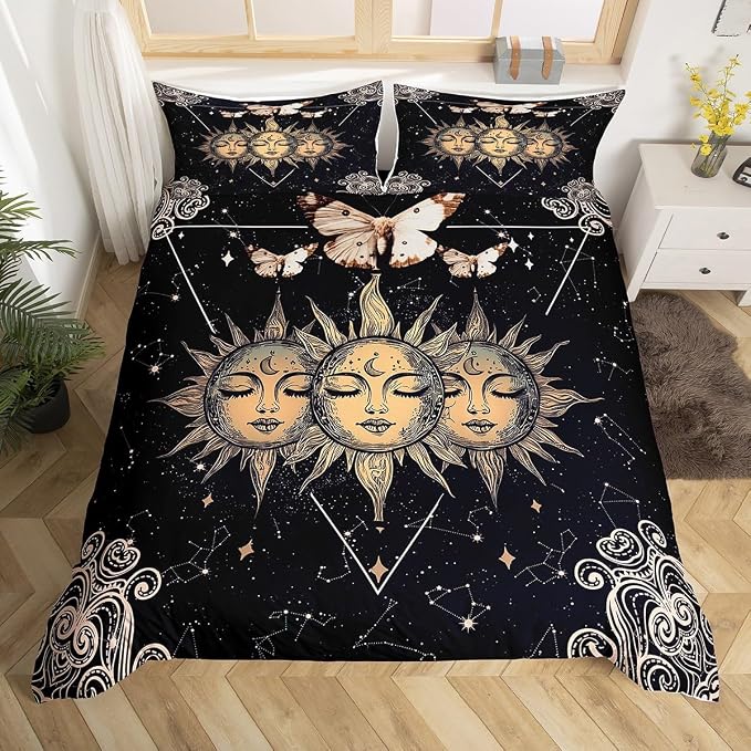 Sun and Moon Bedding Set Full for Women and Boys - Mandala Print Comforter Golden Death Moth Decor Duvet Cover Girls and Teens Starry Sky Bedspread Cover Moth Decor Collections by Erosebridal