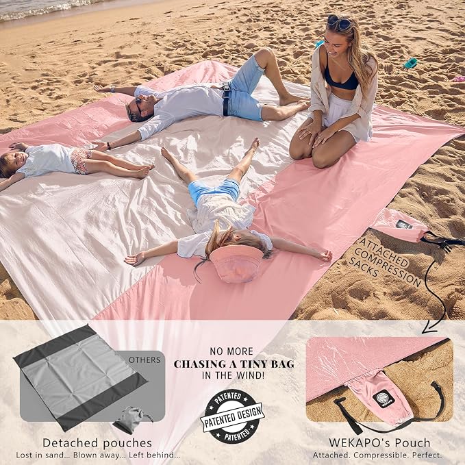WEKAPO Beach Blanket Sandproof Waterproof, Extra Large Beach Mat, Oversized & Compact Sand Free, Quick Drying Beach Essentials for Vacation, Cruise, Picnic & Camping with Stakes - Image 3