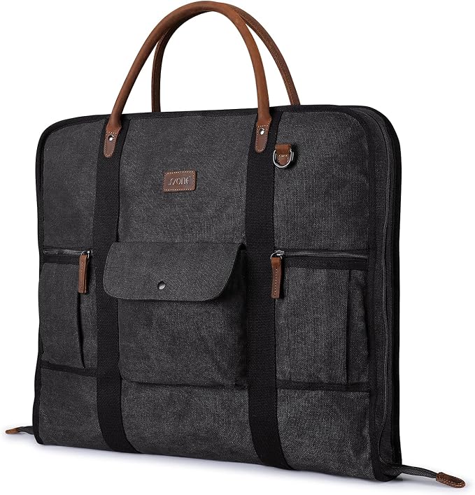 S-ZONE Carry on Garment Bag for Business Travel Canvas Leather Men Suit Cover | Leather Handle Straps, Multi-Pocket, Removable Shoulder strap, Trolley Sleeve, for Gym or Daily Use by S-ZONE