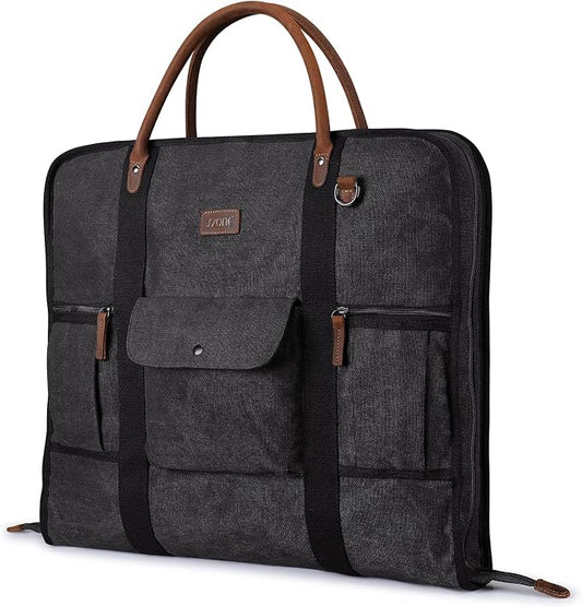 S-ZONE Carry on Garment Bag for Business Travel Canvas Leather Men Suit Cover | Leather Handle Straps, Multi-Pocket, Removable Shoulder strap, Trolley Sleeve, for Gym or Daily Use by S-ZONE