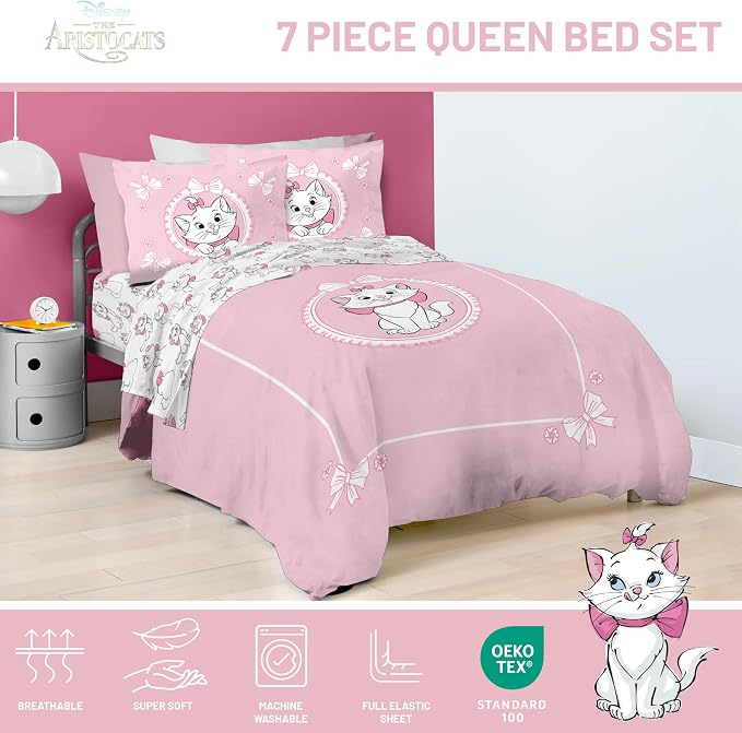 Disney Aristocats Marie Queen Comforter Set 7 Piece Kids Bedding, Pink | Bed in a Bag, Comforter Sheets Shams Pillowcases, Official Brand, Soft Microfiber, Machine Washable, Girls Gift - Image 4