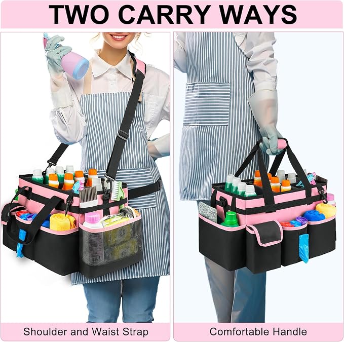 Cleaning Caddy,Large Cleaning Bags for Housekeepers,Cleaning Supplies Organizer with Handle,Pink - Image 5