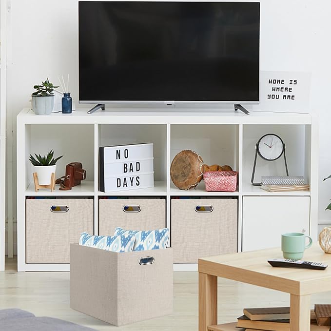 Posprica 13x15x13in Collapsible Storage Bins, Fabric Foldable Cube Storage Boxes, Decorative Storage Baskets Organizer for IKEA Kallax, Shelves, Closet, Clothes, Set of 4-Beige - Image 3
