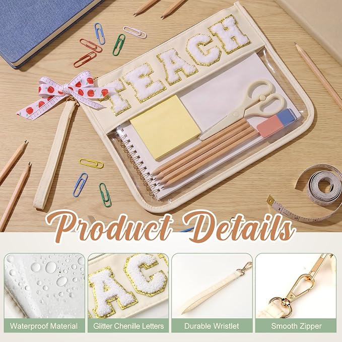 8 Pcs Teacher Appreciation Gifts Teach Chenille Letter Makeup Bag Monogram PVC Clear Zipper Pouch Wristlet Travel Cosmetic Bag Graduation Thank You Teacher Gift for Women (White Gold Letter) - Image 4