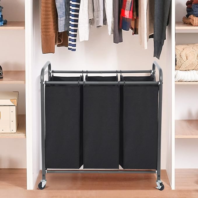 STO STO Laundry Sorter 3 Section, 3 Bag Clothes Hamper, Rolling Laundry Cart Basket with Heavy Duty Lockable Wheels and Removable Bag for Laundry Room, Bedroom, Closet, Black - Image 3