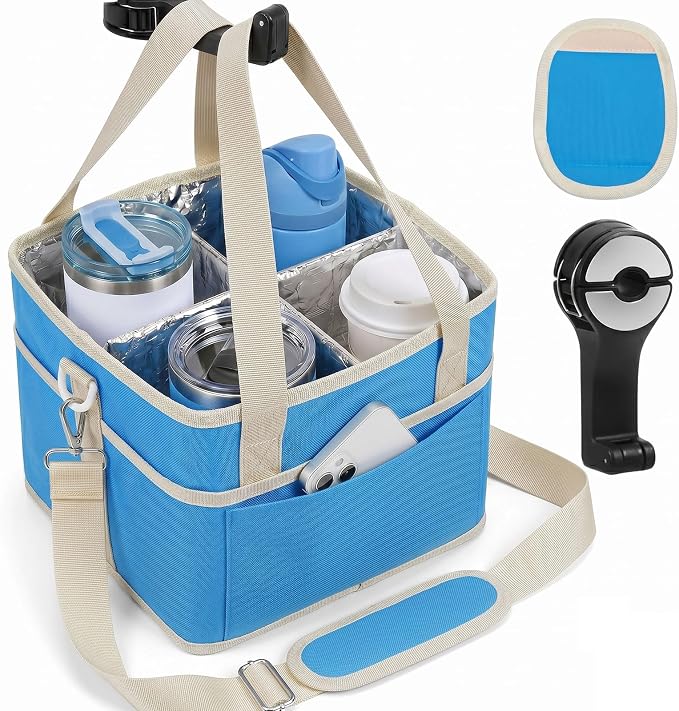 4 Water Bottle Holder with Strap - Multiple Tumbler Insulated Drink Carrier Tote Bag, Reusable Drink Family Size Caddy for Car, Delivery, Adjustable Dividers - 2 in 1 Car Seat Hook Set by ANTAND