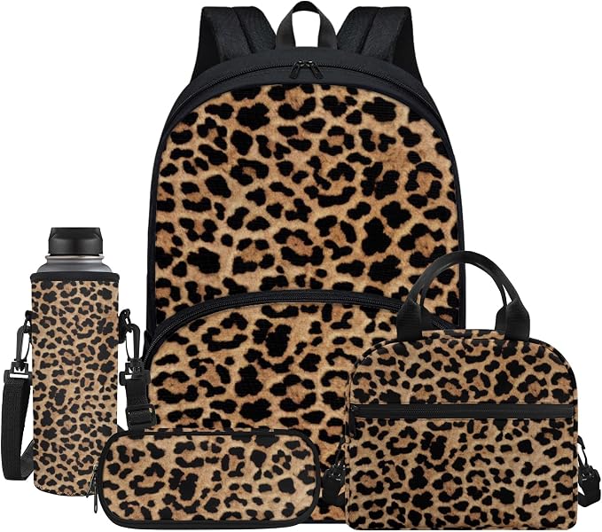Leopard Spots Girls Boys Lightweight Backpack with Lunch Box, Cheetah Skin Kids BookBag 4 Set Rucksack, Brown Black Water Bottle Holder Pencil Bag for Teens by Jndtueit