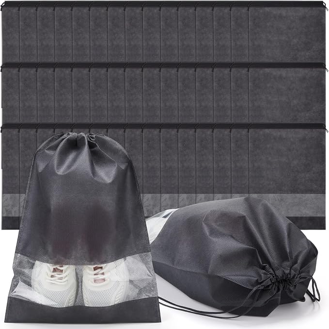 Shappy 50 Pcs Dark Grey Travel Shoe Bags Non Woven Packing Drawstring Sacks Clear Window Large Storage Pouch Organizer for Men Women by Shappy