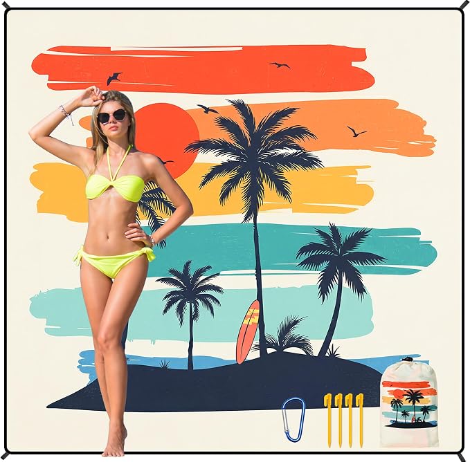 HIHOHO Beach Blanket Waterproof Sandproof Beach Mat 79”x 83” for 1-8 Adults Quick Drying Durable Outdoor Picnic Mat for Beach Festival Travel Camping Hiking (Rainbow Cocotree-YL, 79"×83"(4 Person)) by HIHOHO
