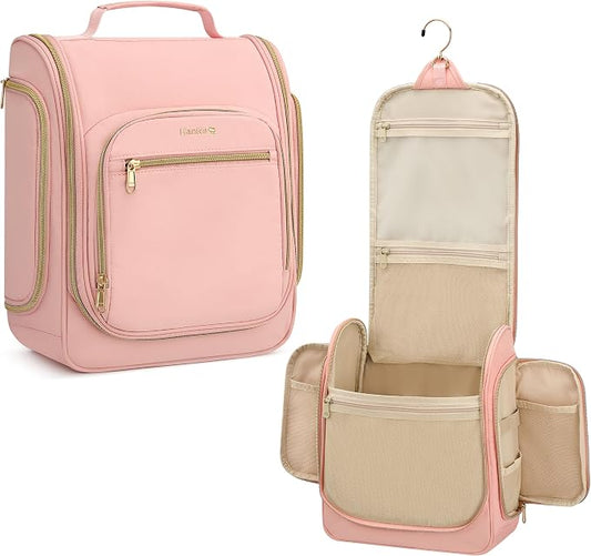 Hanke Hanging Travel Toiletry Bag for Men and Women, Water-Resistant Toiletries Bag Makeup Organizer with Hook, Cosmetic Bag for Bathroom & Travel Essentials Accessories, Pink by Hanke
