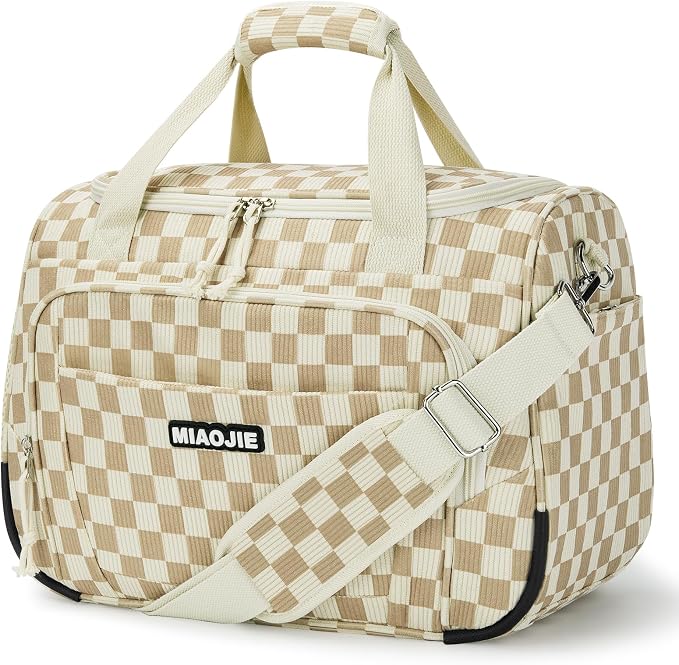 Underseat Carry On Luggage Lightweight Travel Tote Weekender Bag Overnight Duffle Bag for Travel, Travel Essentials Personal Item Travel Bag for Women, Corduroy Khaki Grid-16Inch by MIAOJIE