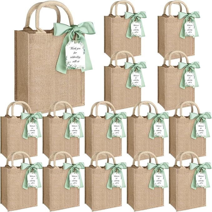 15Pack Burlap Tote Bag Set Reusable Blank Bridesmaid Gift Bags Jute Burlap Grocery Bag with Thank You Gift Tags Chiffon Silk Ribbons for Wedding DIY Invitations Parties and Baby Showers by Unknown