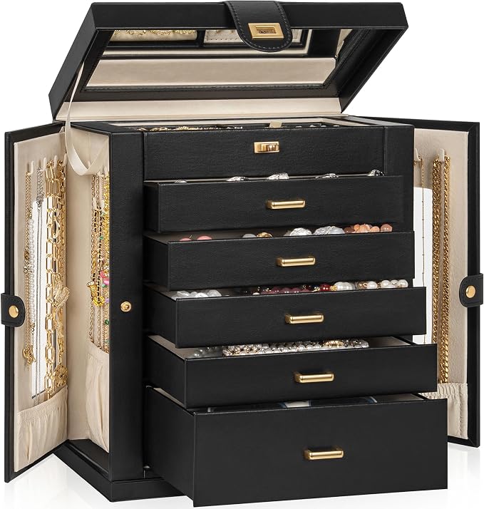 AKOZLIN 6-Tier Jewelry Box Organizer Functional 5 Drawers Leather Jewelry Storage Case for Women Girls Ring Necklace Earring Bracelet Holder Organizer with Mirror XL Black 360° Rotating by AKOZLIN