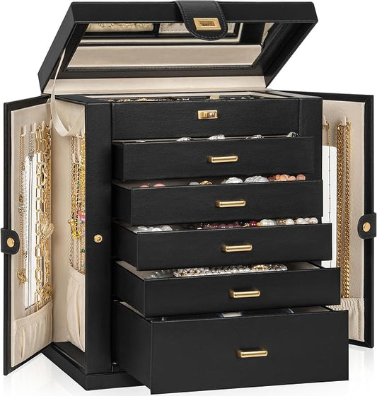 AKOZLIN 6-Tier Jewelry Box Organizer Functional 5 Drawers Leather Jewelry Storage Case for Women Girls Ring Necklace Earring Bracelet Holder Organizer with Mirror XL Black 360° Rotating by AKOZLIN