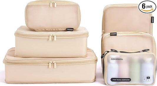 6 Set Compression Packing Cubes for 7–14 Day Travel, Mist Khaki | Nylon Oxford Fabric, Full Breathable Mesh, Reinforced Double-Zipper, Small to Large Size Bag, Expandable Packing System by SOARSAIL