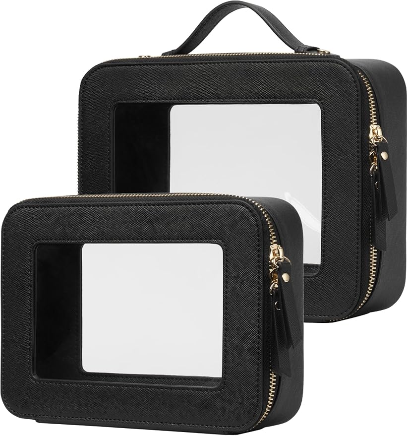 Popvibe Clear Makeup Case Set Black Toiletry Bag Travel Large Clear Cosmetic Bag with Zipper, Big Make Up Bag Organizer Women Traveling TSA Approved Transparent Bag Car for Essentials by POPVIBE