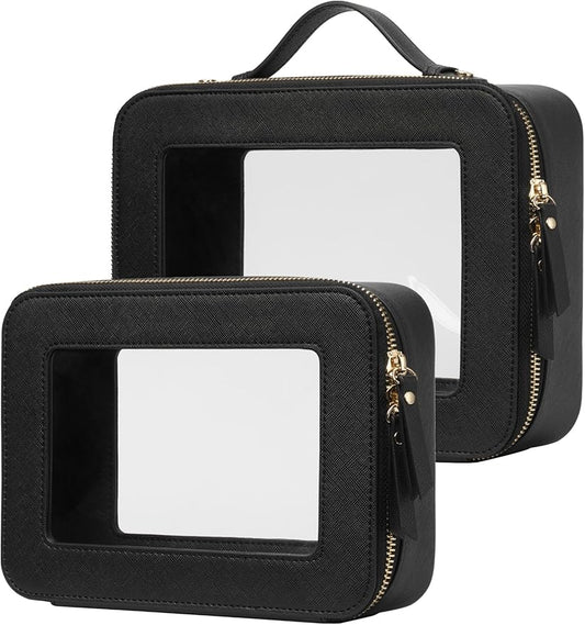 Popvibe Clear Makeup Case Set Black Toiletry Bag Travel Large Clear Cosmetic Bag with Zipper, Big Make Up Bag Organizer Women Traveling TSA Approved Transparent Bag Car for Essentials by POPVIBE