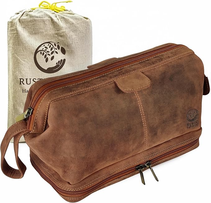 RUSTIC TOWN Leather Toiletry Bag for Men - Travel Gift Shaving Ditty Kit - Bathroom Shower Toiletries Organizer - Cosmetic Makeup Bag for Women by RusticTown