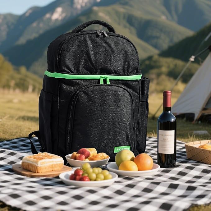 Vogano Picnic Backpack & Accessories – Insulated Picnic Set for 2 Person with Dual Compartments, Lightweight Blanket, Cutlery Set, for Newlyweds and Couples Gifts Black - Image 7