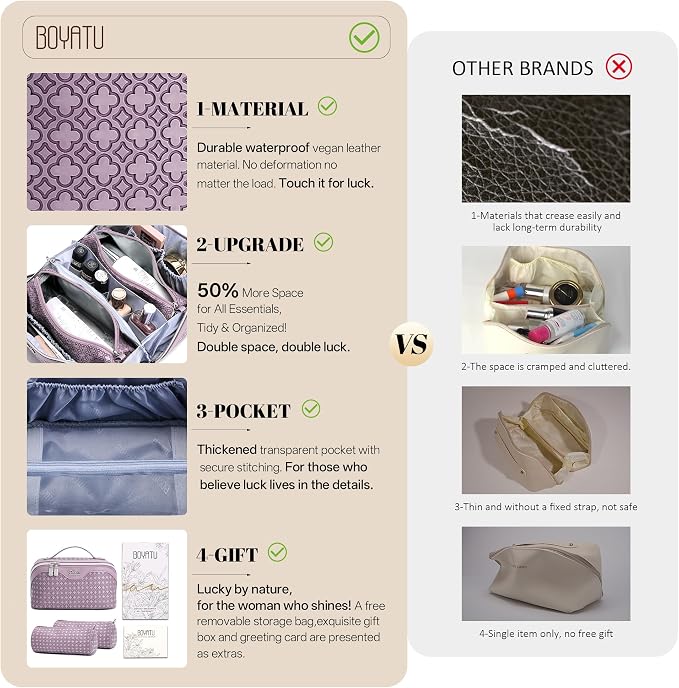 BOYATU Travel Makeup Bag for Women: Four Leaf Clover Large Capacity 3 Pcs Set Cosmetic Bags - Waterproof 50% Extra Space for Toiletry Organizer - Travel Essentials for Fortunate (02 Purple) - Image 2