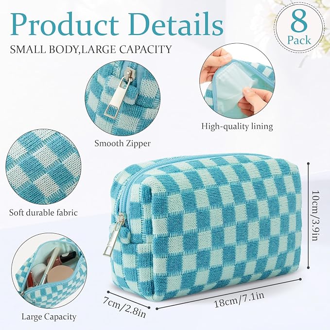 Gilprop 8 Pcs Checkered Makeup Bag for Purse Small Cosmetic Pouch Bulk Portable Zipper Makeup Pouch Travel Toiletry Organizer Gifts for Women Bridesmaid Wedding Party Favors (Lake Blue) - Image 2