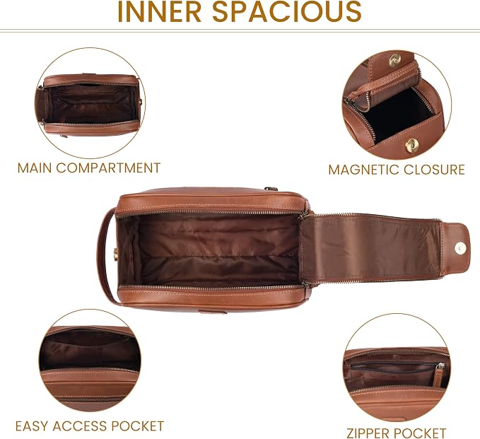 Leather Toiletry Travel Bag with Waterproof Lining, Large Capacity Vintage Dopp Kit, Shaving & Cosmetic Organizer for Men & Women - Tan - Image 4