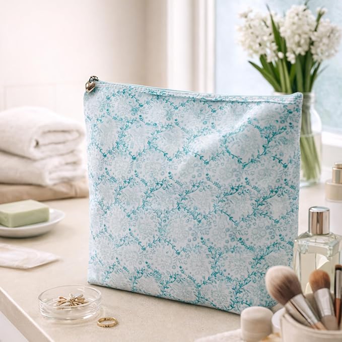 Jacaranda Living Large Cosmetic Bag - Water-Resistant, PVC-Lined - Aqua Trellis - Image 11