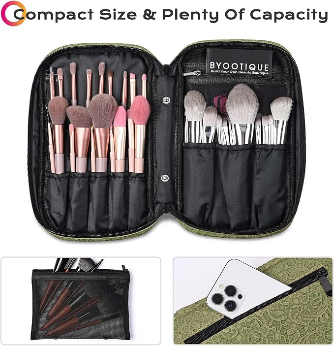 BYOOTIQUE Makeup Brush Bag Organizer Portable Multi Brush Holder Hand Bag | Travel Makeup Artist Bag,Cosmetic Organizer Pouch Zipper Bag,with Removable Mesh,for Brushes Cosmetics,Green - Image 3