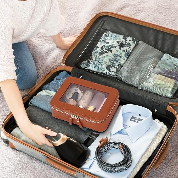 Clear Makeup Bag Women's Waterproof Travel Cosmetic Case and Toiletry Bag Portable Makeup Organizer Bag for Car with Zipper (Brown, M) - Image 6