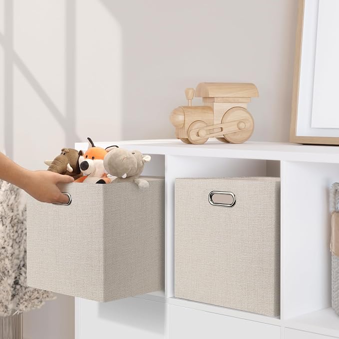 Posprica 13x15x13in Collapsible Storage Bins, Fabric Foldable Cube Storage Boxes, Decorative Storage Baskets Organizer for IKEA Kallax, Shelves, Closet, Clothes, Set of 4-Beige - Image 7