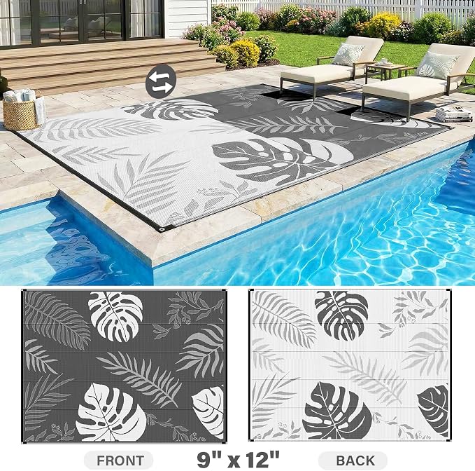 GOTGELIF Massive Outdoor Patio Rug - 9x12FT, Reversible & Water-Resistant & Wear-Resistant & Plastic Straw Outdoor Area Rug for Patio & Camping & RV - Gray Leaf - Image 2