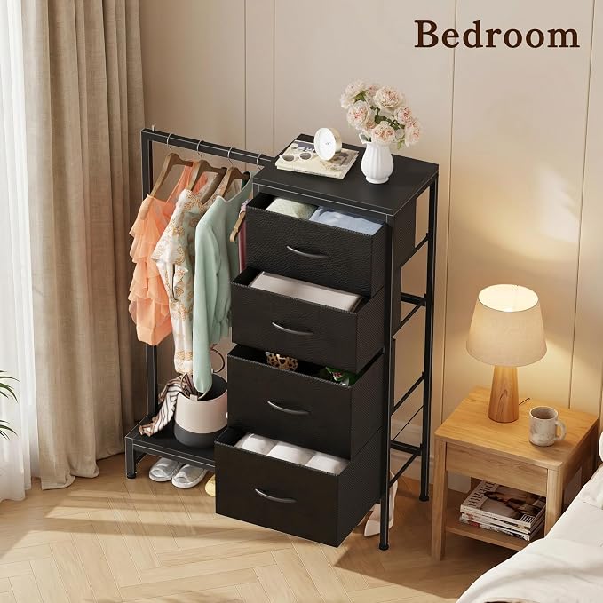 HIGDBFE Tall Dresser 44''H with Hanging Rack, 4 Drawers Small Closet Dresser for Bedroom, Reversible Fabric Chest of Drawers with Clothes Rack, Tall Storage Tower, Sturdy Frame, Black - Image 6