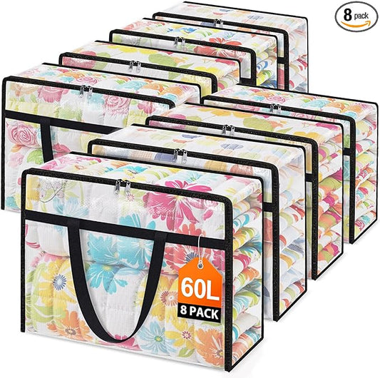 Clear Under Bed Storage Containers - 8 Pack Large Capacity Clothes Storage Bags with Lid & Sturdy Handles, Foldable Moving Bags, Clothing Organizer Totes for Bedding, Comforter, Sheet（60 L） by Unknown