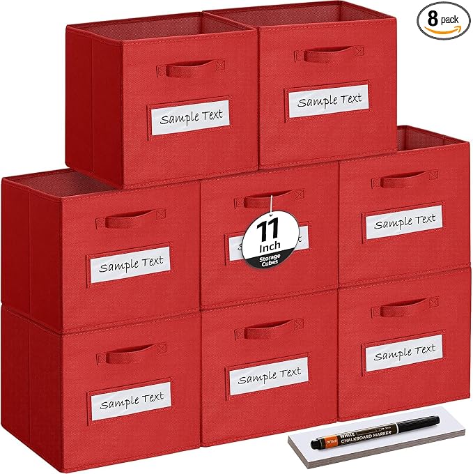Fabric storage cubes (Set of 8) 11 Inch Cube Storage Bin, Cube storage with 8 Labels Window Cards & a Pen, Foldable cube organizer bins,11x11 Storage bin, Cubby Organizer Boxes, Red by Artsdi