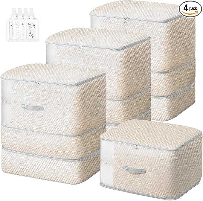 Comforter Storage Bag - 130L Large Capacity Blanket Storage Bags 3-Layer Ultra Space Saving Self Compression Organizer, Washable Compression Bags for Storage Comforter Blanket, 4-Pack, Beige by EasortmPackingCubes