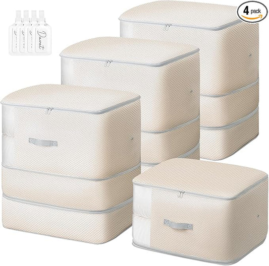 Comforter Storage Bag - 130L Large Capacity Blanket Storage Bags 3-Layer Ultra Space Saving Self Compression Organizer, Washable Compression Bags for Storage Comforter Blanket, 4-Pack, Beige by EasortmPackingCubes