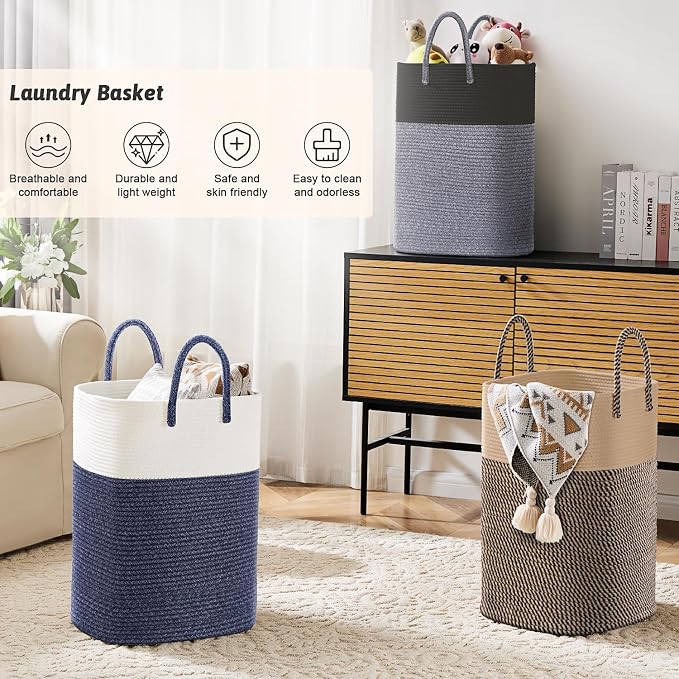 Laundry Basket,Woven Cotton Rope Laundry Hamper,Versatile Storage for Dirty Clothes,Baby Toys,and Blankets in Bathroom, Nursery,and Living Room (Blue, 60L) - Image 4
