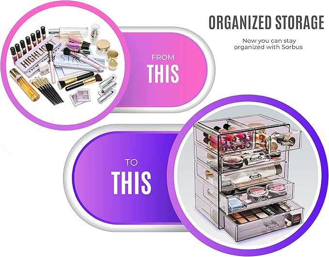 Sorbus Acrylic Makeup Organizer Set, 6-Drawer Vanity & Countertop Cosmetic Storage with Small & Wide Drawers, Purple Makeup Storage for Brushes, Lipsticks, Jewelry – Holiday Gift for Women & Teens - Image 4