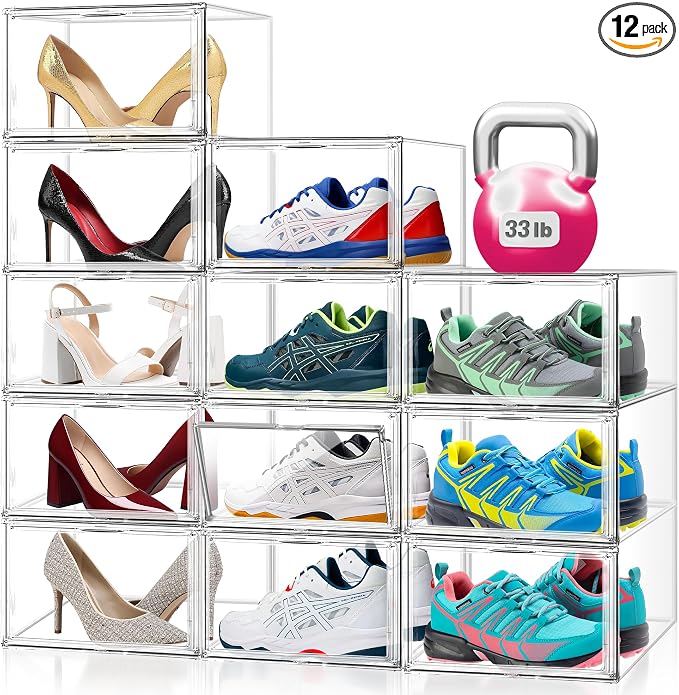 12 Pack Clear Acrylic Shoe Boxes, Wide Magnetic Door Shoe Organizer Size 12 | clear storage boxes for daily shoes, flats, low-top sneakers and closet storage,13.4 x 10.3 x 7.6 in by EDSFAM